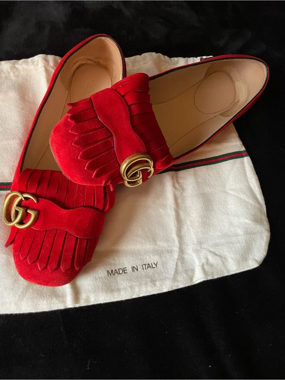 Authentic Gucci Red Suede Fringe GG Loafers for Women